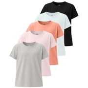 Real Essentials 5 Pack: Girls' Short Sleeve Dry-Fit Athletic T-Shirt - Active Gym Crew Neck Tops for Teens Kids (Ages 4-16)