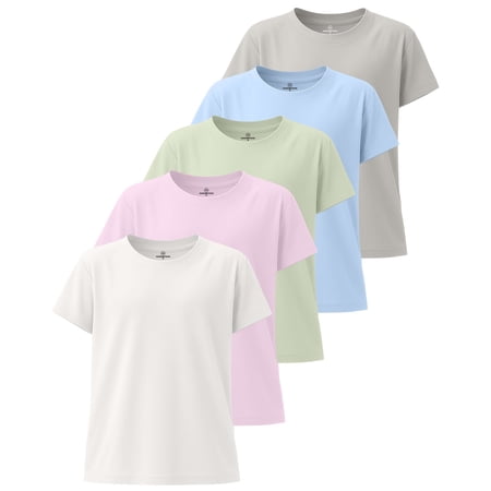 Real Essentials 5 Pack: Girls' Short Sleeve Dry-Fit Athletic T-Shirt - Active Gym Crew Neck Tops for Teens Kids (Ages 4-16)