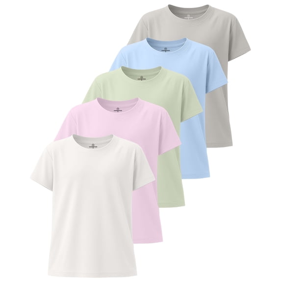 Real Essentials 5 Pack: Girls' Short Sleeve Dry-Fit Athletic T-Shirt - Active Gym Crew Neck Tops for Teens Kids (Ages 4-16)