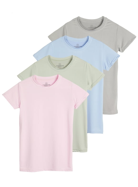 Real Essentials 4 Pack: Girls Short Sleeve Dry-Fit Crew Neck Active Athletic Performance T-Shirt