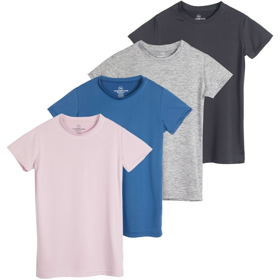 Real Essentials 4 Pack: Girls Short Sleeve Dry-Fit Crew Neck Active Athletic Performance T-Shirt