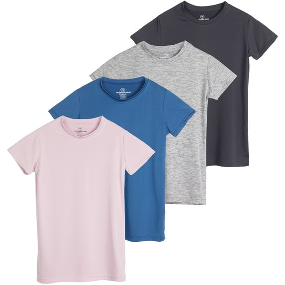 Real Essentials 4 Pack: Girls Short Sleeve Dry-Fit Crew Neck Active Athletic Performance T-Shirt