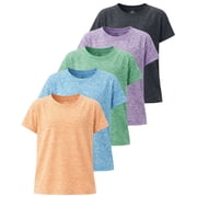 Real Essentials 5 Pack: Girls' Short Sleeve Dry-Fit Athletic T-Shirt - Active Gym Crew Neck Tops for Teens Kids (Ages 4-16)