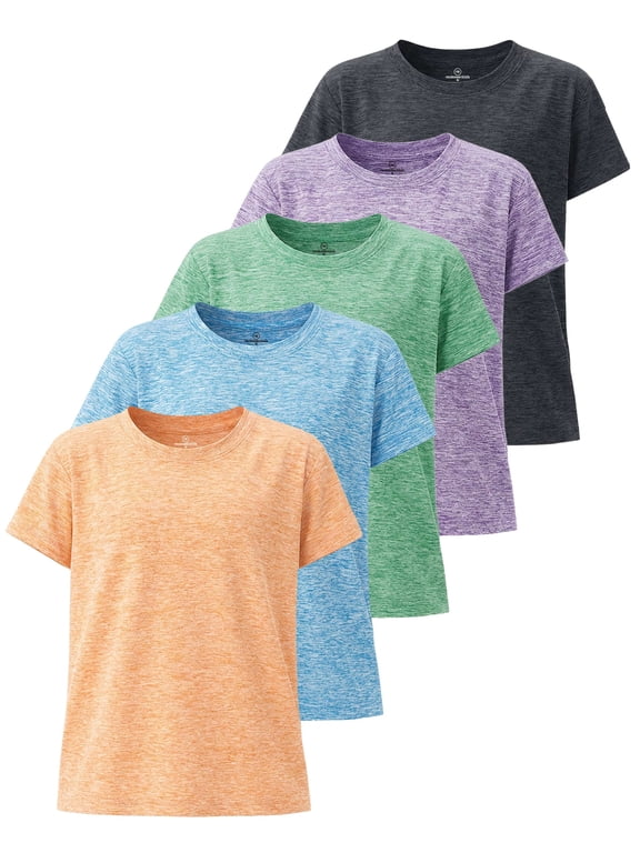 5 Pack: Girls' Short Sleeve Dry-Fit Athletic T-Shirt - Active Gym Crew Neck Tops for Teens Kids (Ages 4-16)