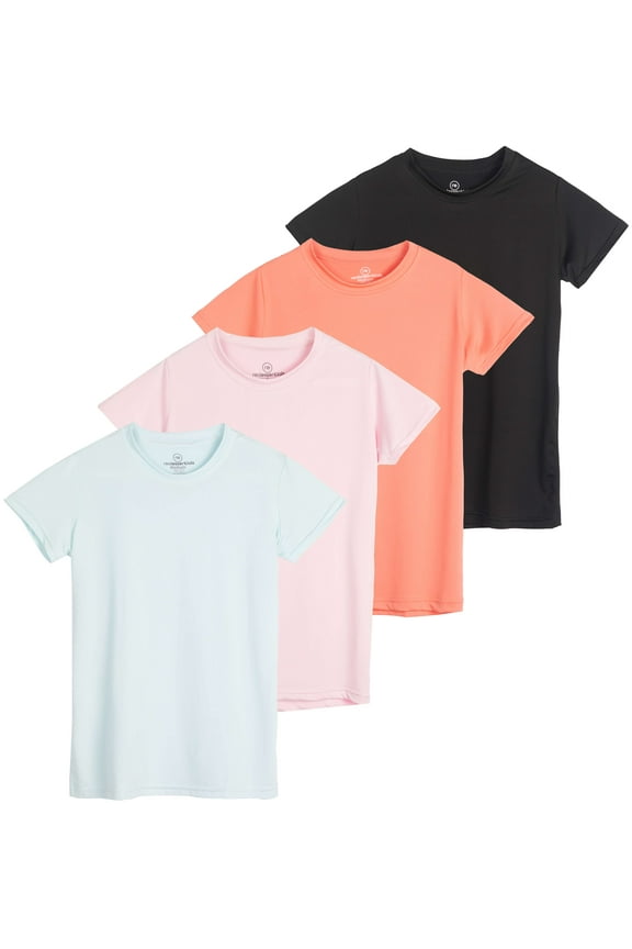 4 Pack: Girls Short Sleeve Dry-Fit Crew Neck Active Athletic Performance T-Shirt