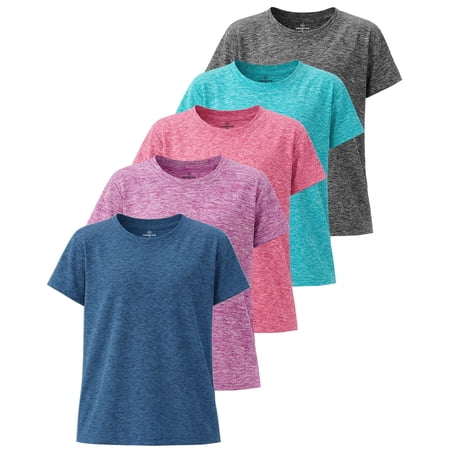 Real Essentials 5 Pack: Girls' Short Sleeve Dry-Fit Athletic T-Shirt - Active Gym Crew Neck Tops for Teens Kids (Ages 4-16)