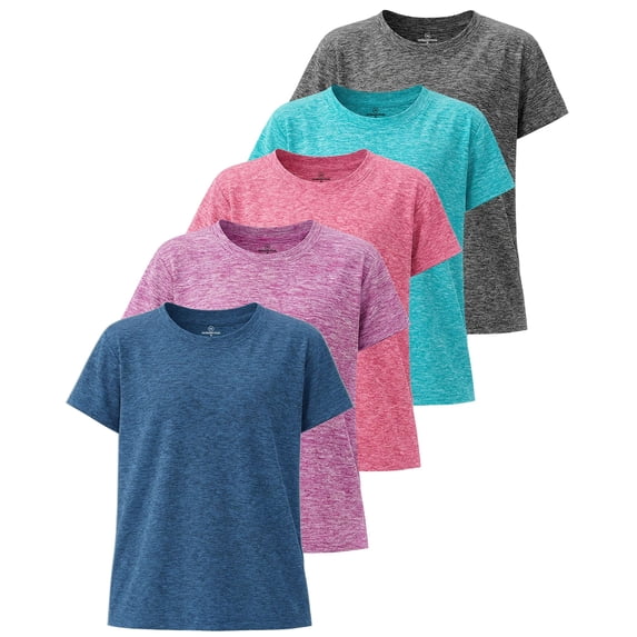 Real Essentials 5 Pack: Girls' Short Sleeve Dry-Fit Athletic T-Shirt - Active Gym Crew Neck Tops for Teens Kids (Ages 4-16)