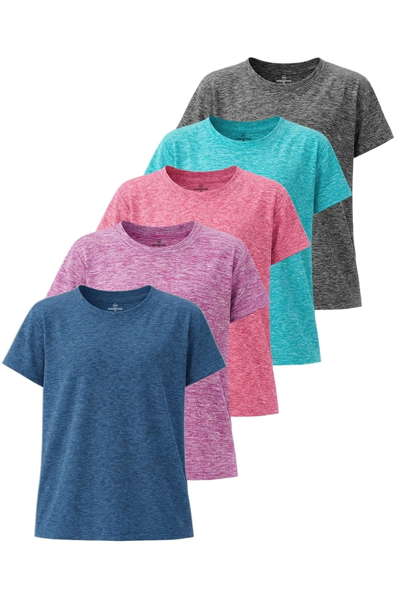 5 Pack: Girls' Short Sleeve Dry-Fit Athletic T-Shirt - Active Gym Crew Neck Tops for Teens Kids (Ages 4-16)
