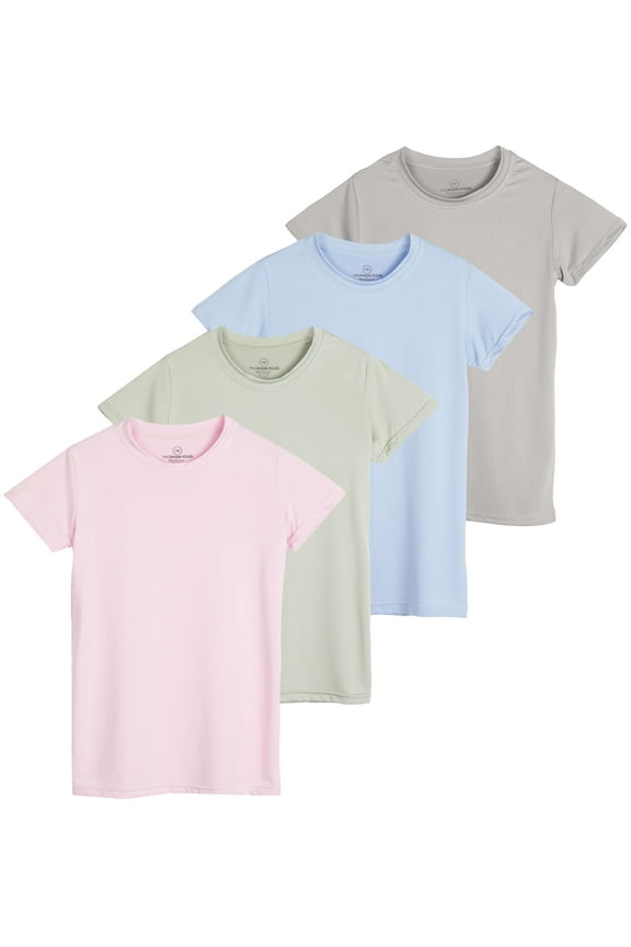 4 Pack: Girls Short Sleeve Dry-Fit Crew Neck Active Athletic Performance T-Shirt