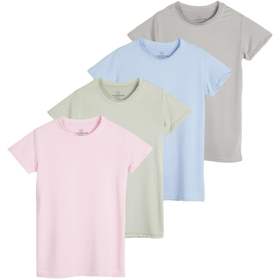 Real Essentials 4 Pack: Girls Short Sleeve Dry-Fit Crew Neck Active Athletic Performance T-Shirt