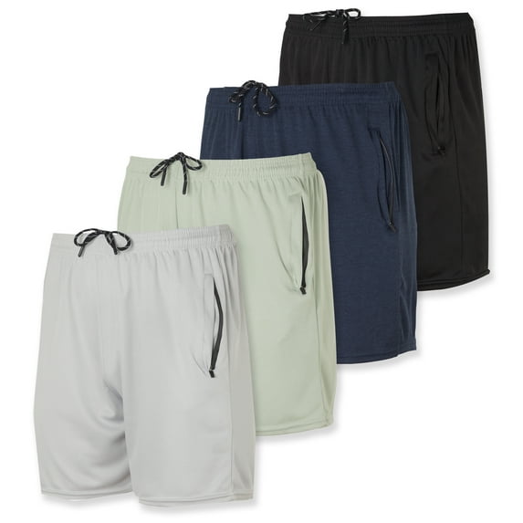 Real Essentials 4 Pack: Men's 5" Mesh Quick-Dry Running Shorts with Zipper Pockets & Drawstring (Available in Big & Tall)