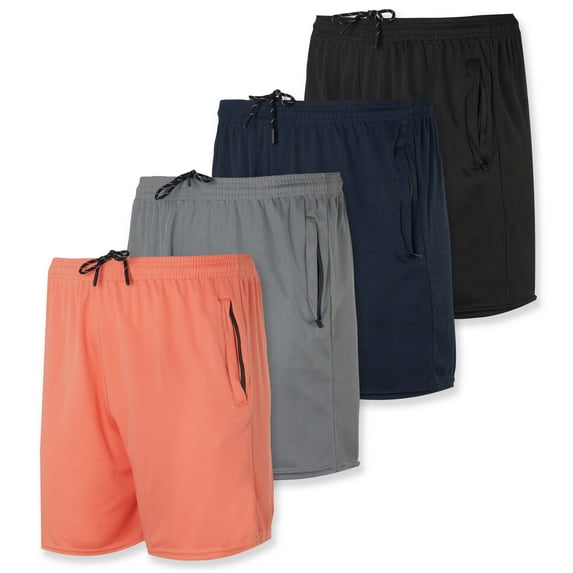 Real Essentials 4 Pack: Men's 5" Mesh Quick-Dry Running Shorts with Zipper Pockets & Drawstring (Available in Big & Tall)