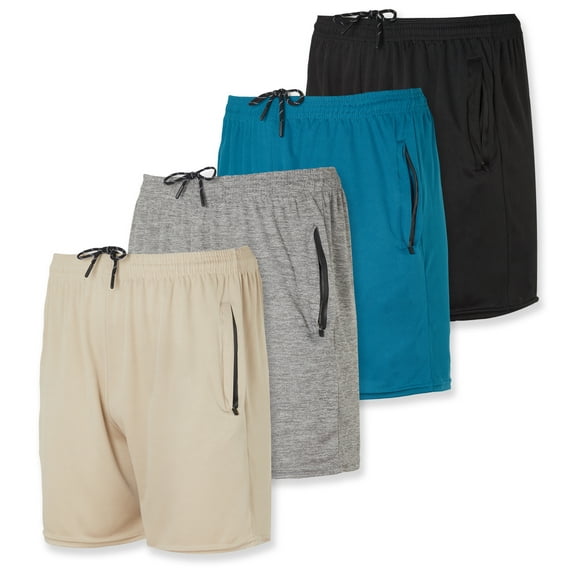 Real Essentials 4 Pack: Men's 5" Mesh Quick-Dry Running Shorts with Zipper Pockets & Drawstring (Available in Big & Tall)