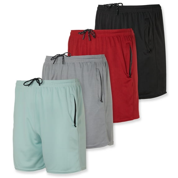 Real Essentials 4 Pack: Men's 5" Mesh Quick-Dry Running Shorts with Zipper Pockets & Drawstring (Available in Big & Tall)