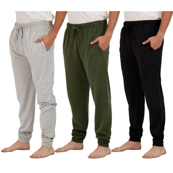 Real Essentials 4 Pack: Men's Cotton Jersey Soft Jogger Sleep Lounge Pajama Drawstring & Pockets (Available in Big & Tall)