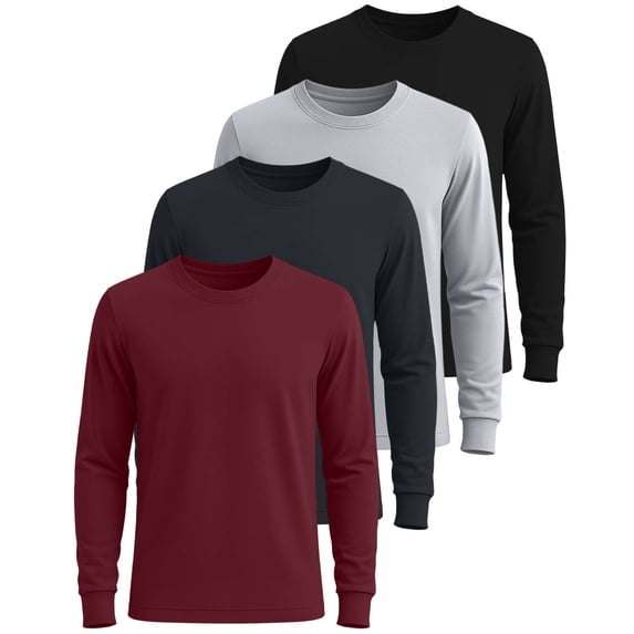 Real Essentials 4 Pack: Men's Cotton Long Sleeve Crew Neck T-Shirt - Soft Work Casual Jersey Tees