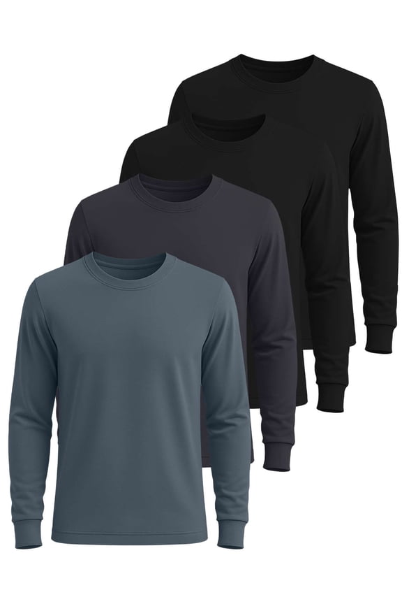 4 Pack: Men's Cotton Long Sleeve Crew Neck T-Shirt - Soft Work Casual Jersey Tees