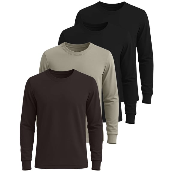 Real Essentials 4 Pack: Men's Cotton Long Sleeve Crew Neck T-Shirt - Soft Work Casual Jersey Tees