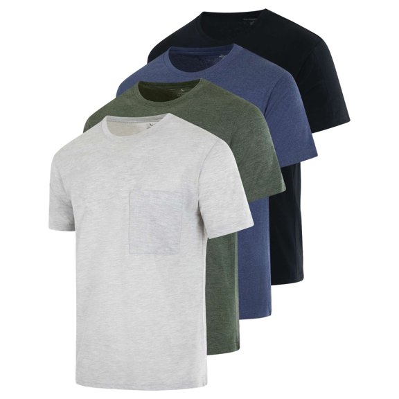 Real Essentials 4 Pack: Men's Cotton Performance Short Sleeve Crew Neck Pocket T-Shirt Athletic Top (Available in Big & Tall)