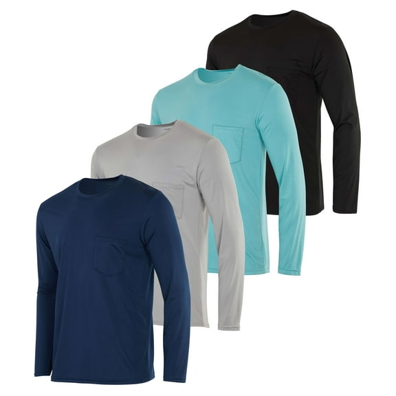 Real Essentials 4 Pack: Men's Dry-Fit Active Athletic Long Sleeve Pocket Crew T-Shirt Outdoors UPF 50 S-5XLT