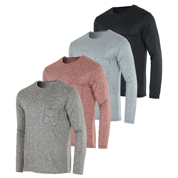 Real Essentials 4 Pack: Men's Dry-Fit Active Athletic Long Sleeve Pocket Crew T-Shirt Outdoors UPF 50 S-5XLT