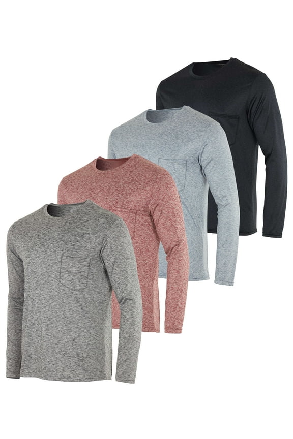 4 Pack: Men's Dry-Fit Active Athletic Long Sleeve Pocket Crew T-Shirt Outdoors UPF 50 S-5XLT