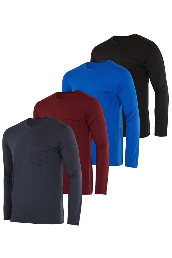 4 Pack: Men's Dry-Fit Active Athletic Long Sleeve Pocket Crew T-Shirt Outdoors UPF 50 S-5XLT