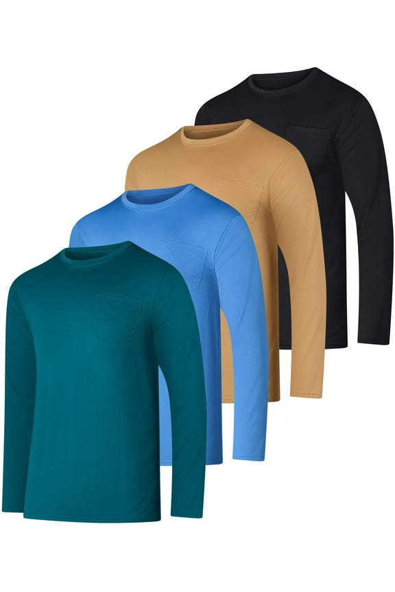 4 Pack: Men's Dry-Fit Active Athletic Long Sleeve Pocket Crew T-Shirt Outdoors UPF 50 S-5XLT