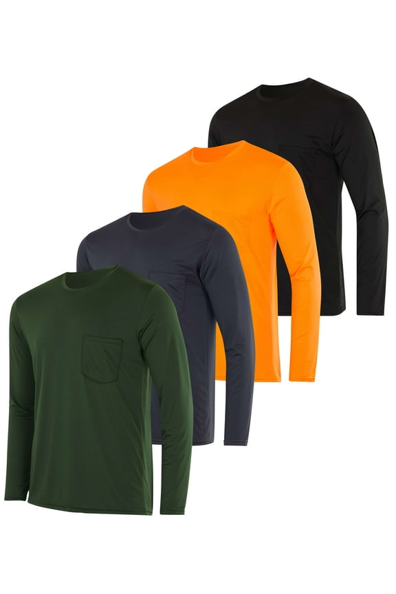 4 Pack: Men's Dry-Fit Active Athletic Long Sleeve Pocket Crew T-Shirt Outdoors UPF 50 S-5XLT