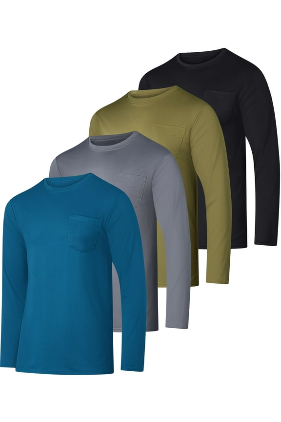4 Pack: Men's Dry-Fit Active Athletic Long Sleeve Pocket Crew T-Shirt Outdoors UPF 50 S-5XLT