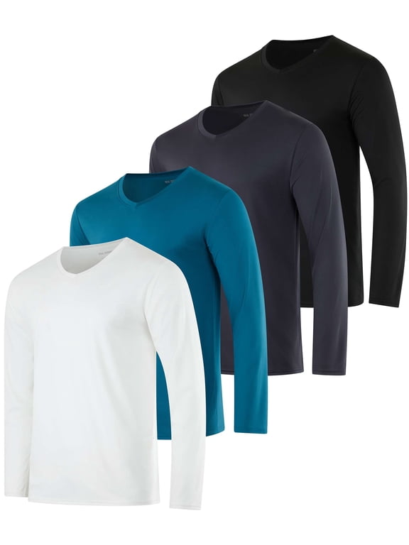 4 Pack: Men's Dry Fit Long Sleeve V-Neck Active T-Shirt - Athletic Outdoor UPF 50+ (Available in Big & Tall)