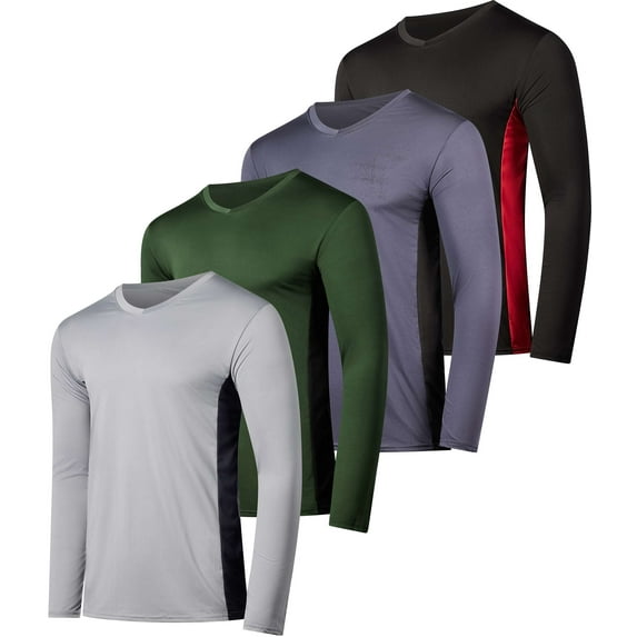 Real Essentials 4 Pack: Men's Dry Fit Long Sleeve V-Neck Active T-Shirt - Athletic Outdoor UPF 50+ (Available in Big & Tall)