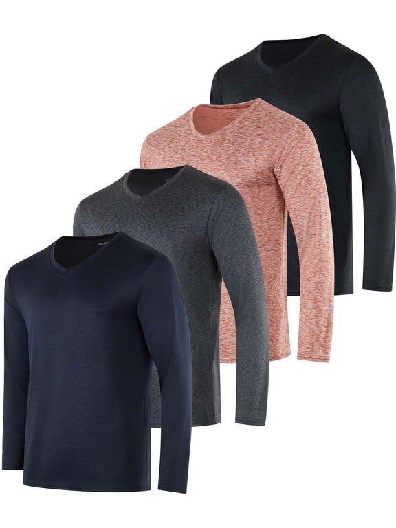 4 Pack: Men's Dry Fit Long Sleeve V-Neck Active T-Shirt - Athletic Outdoor UPF 50+ (Available in Big & Tall)