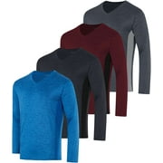 REAL ESSENTIALS 4 Pack: Men's Dry Fit Long Sleeve V-Neck Active T-Shirt - Athletic Outdoor UPF 50+ (Available in Big & Tall)