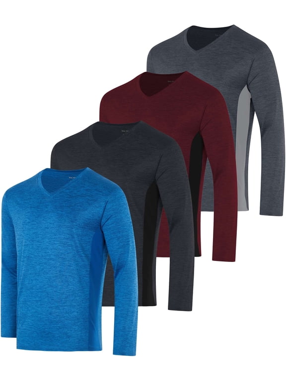 4 Pack Men's Dry Fit Long Sleeve V Neck T Shirts Athletic Workout Gym Tees