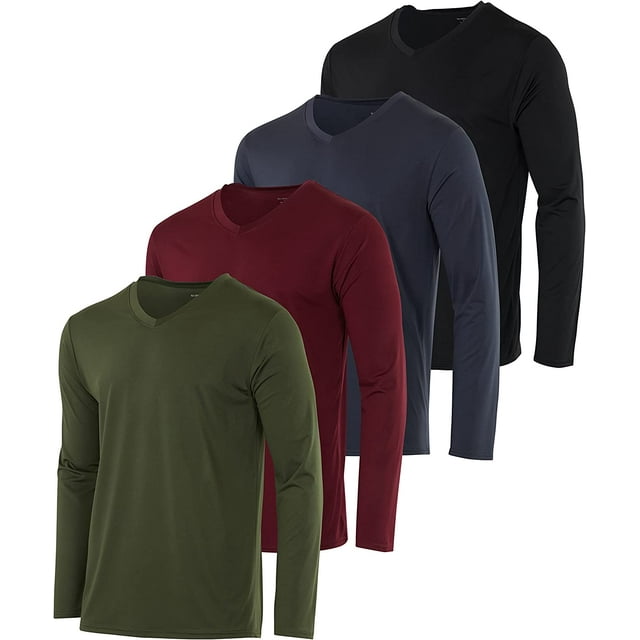 Real Essentials 4 Pack: Men's Dry Fit Long Sleeve V-Neck Active T-Shirt ...