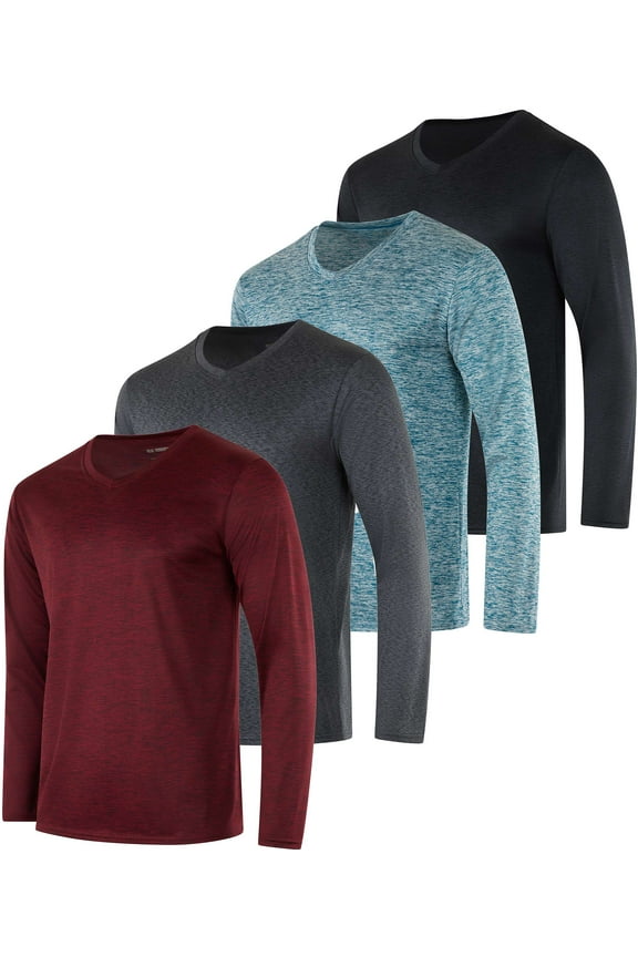 4 Pack: Men's Dry Fit Long Sleeve V-Neck Active T-Shirt - Athletic Outdoor UPF 50+ (Available in Big & Tall)