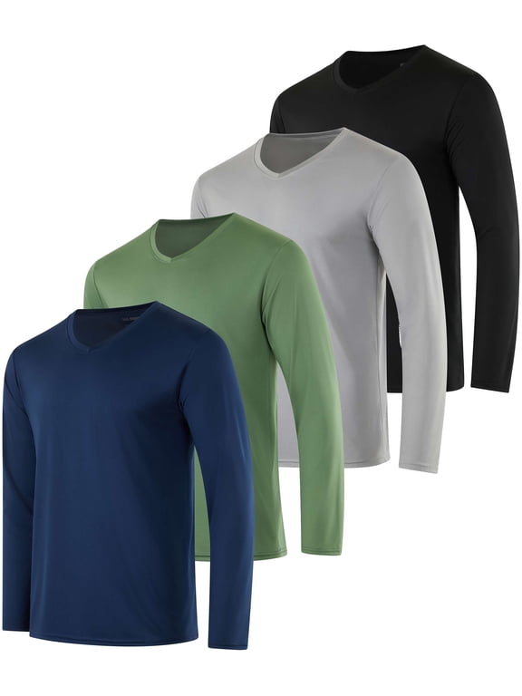 4 Pack Men's Dry Fit Long Sleeve V Neck T Shirts Athletic Workout Gym Tees