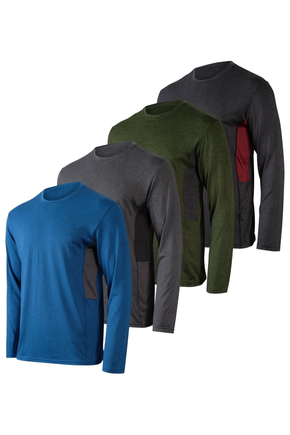 4 Pack: Men's Dry-Fit Moisture Wicking Performance Long Sleeve T-Shirt, UV Sun Protection Outdoor Active Top