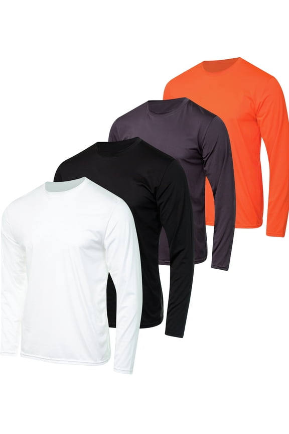 4 Pack: Men's Dry-Fit Moisture Wicking Performance Long Sleeve T-Shirt, UV Sun Protection Outdoor Active Top