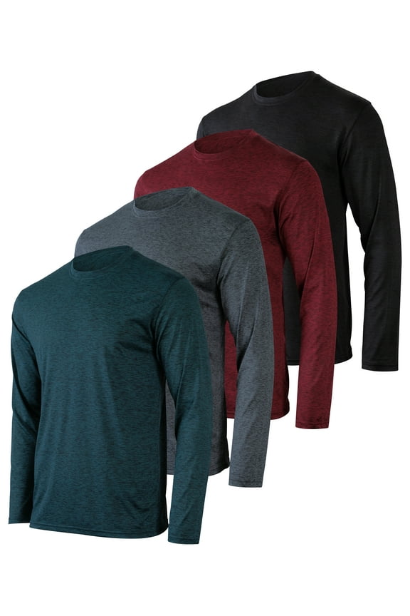 4 Pack: Men's Dry-Fit Moisture Wicking Performance Long Sleeve T-Shirt, UV Sun Protection Outdoor Active Top