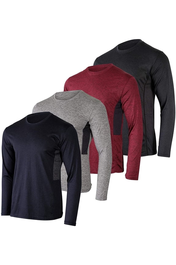 4 Pack: Men's Dry-Fit Moisture Wicking Performance Long Sleeve T-Shirt, UV Sun Protection Outdoor Active Top