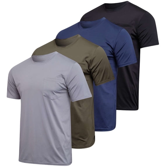 Real Essentials 4 Pack: Men's Dry-Fit Short Sleeve Pocket Crew Performance Athletic T-Shirt (Available in Big & Tall)