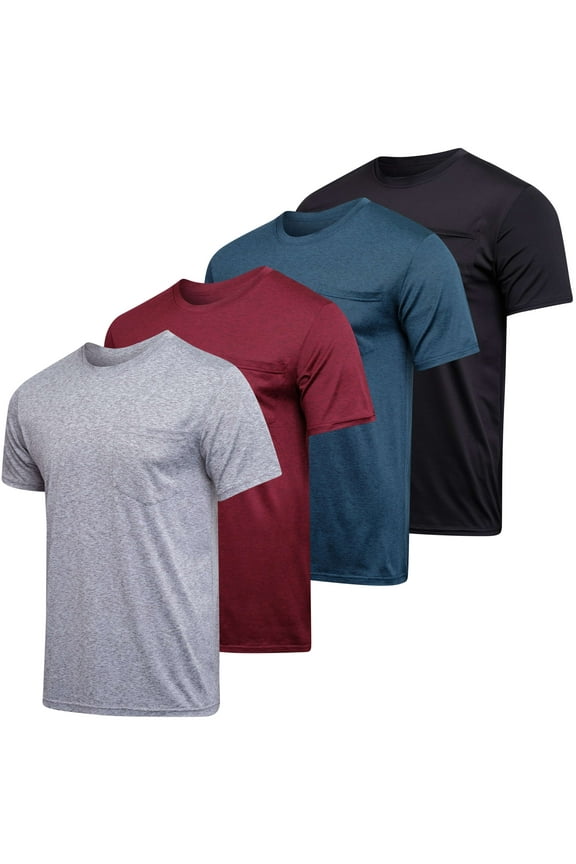 4 Pack: Men's Dry-Fit Short Sleeve Pocket Crew Performance Athletic T-Shirt (Available in Big & Tall)