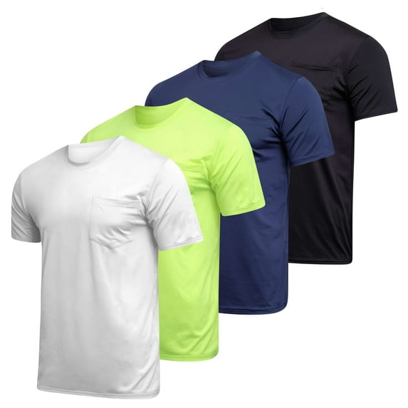 Real Essentials 4 Pack: Men's Dry-Fit Short Sleeve Pocket Crew Performance Athletic T-Shirt (Available in Big & Tall)