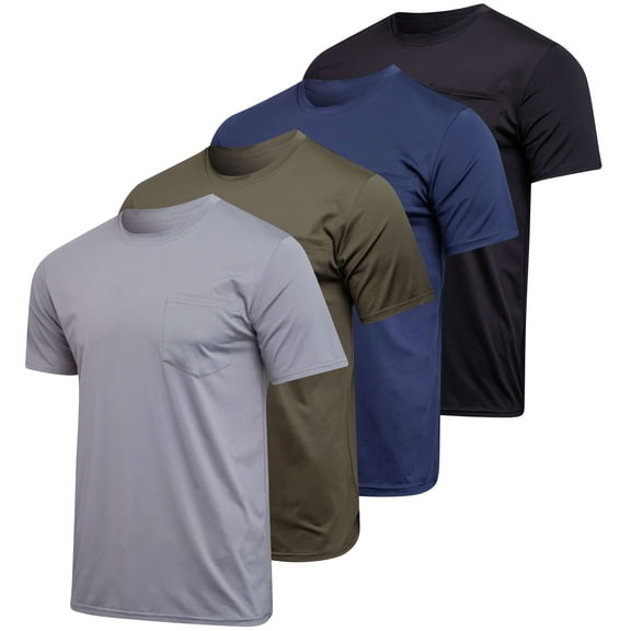 Real Essentials 4 Pack: Men's Dry-Fit Short Sleeve Pocket Crew Performance Athletic T-Shirt (Available in Big & Tall)