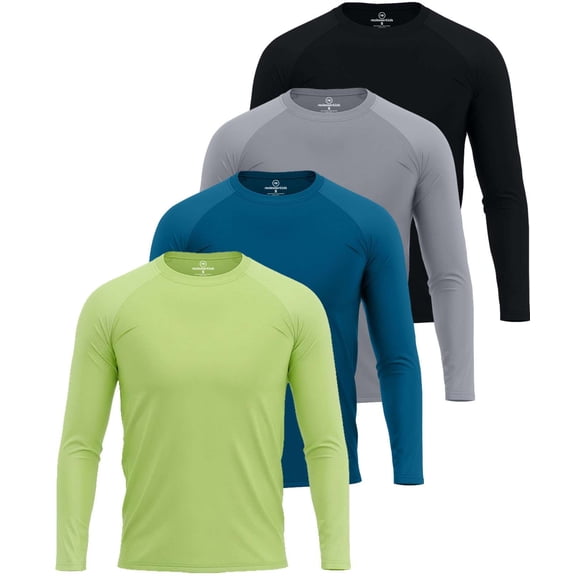 Real Essentials 4 Pack: Mens Long Sleeve Rash Guard Shirt Swimwear UPF 50+ Sun Protection Surf Top (Available in Big & Tall)