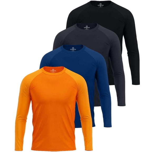 Real Essentials 4 Pack: Mens Long Sleeve Rash Guard Shirt Swimwear UPF 50+ Sun Protection Surf Top (Available in Big & Tall)