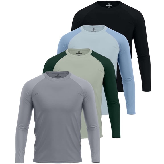Real Essentials 4 Pack: Mens Long Sleeve Rash Guard Shirt Swimwear UPF 50+ Sun Protection Surf Top (Available in Big & Tall)