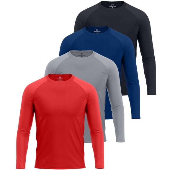 Real Essentials 4 Pack: Mens Long Sleeve Rash Guard Shirt Swimwear UPF 50+ Sun Protection Surf Top (Available in Big & Tall)